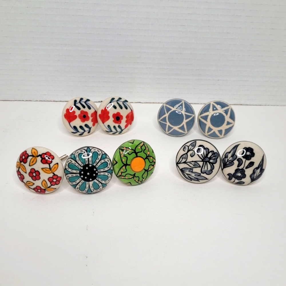 Colorful Handpainted Ceramic Knobs Drawer Pulls Lot of 9
